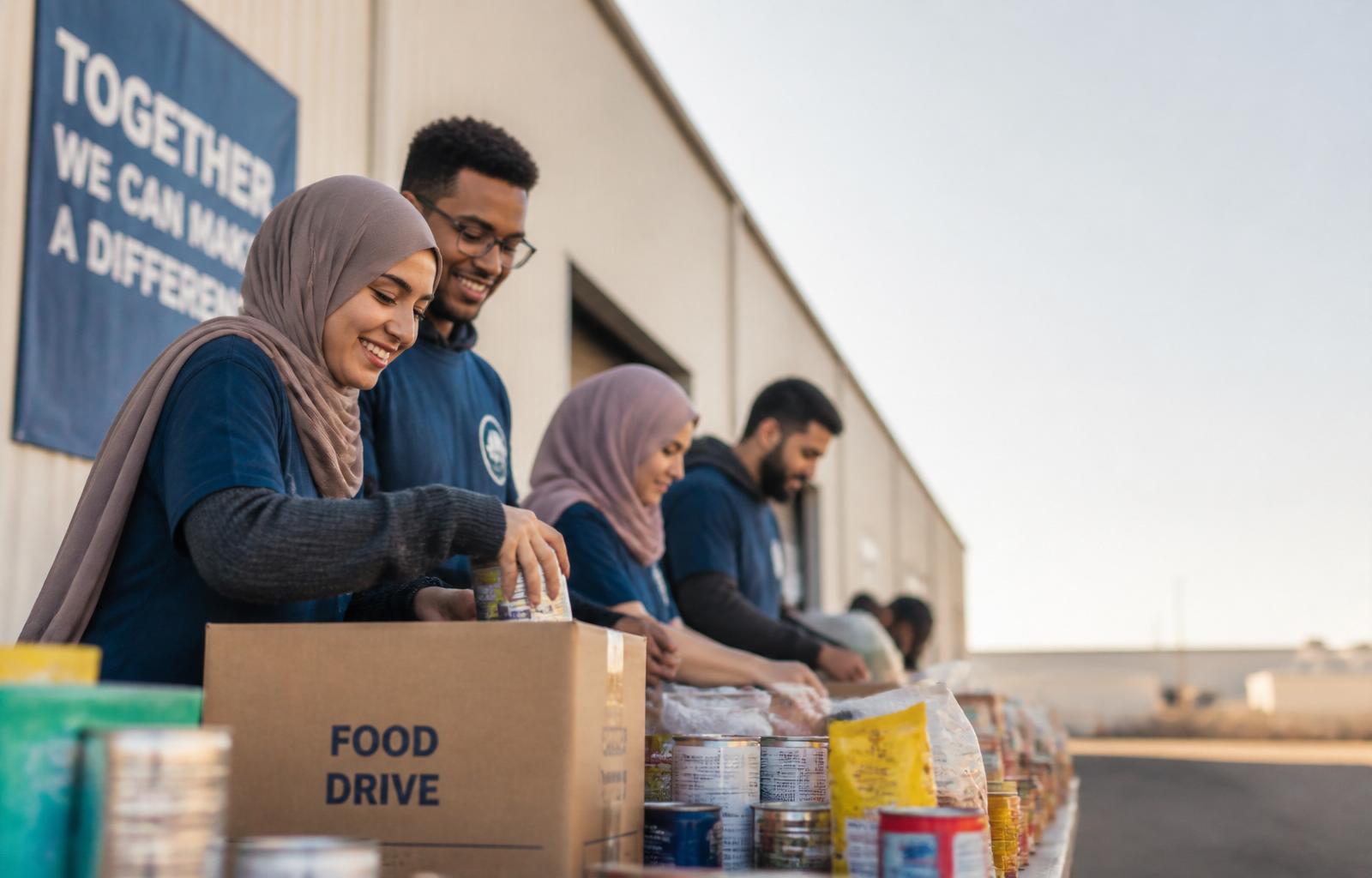 Volunteers packing food drive donations together